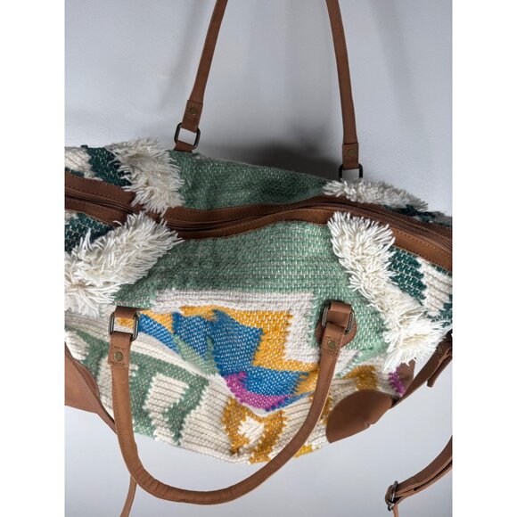 Free People Quick Trip Weekender Bag  NWT Slouchy Woven Green Cream - Picture 6 of 10